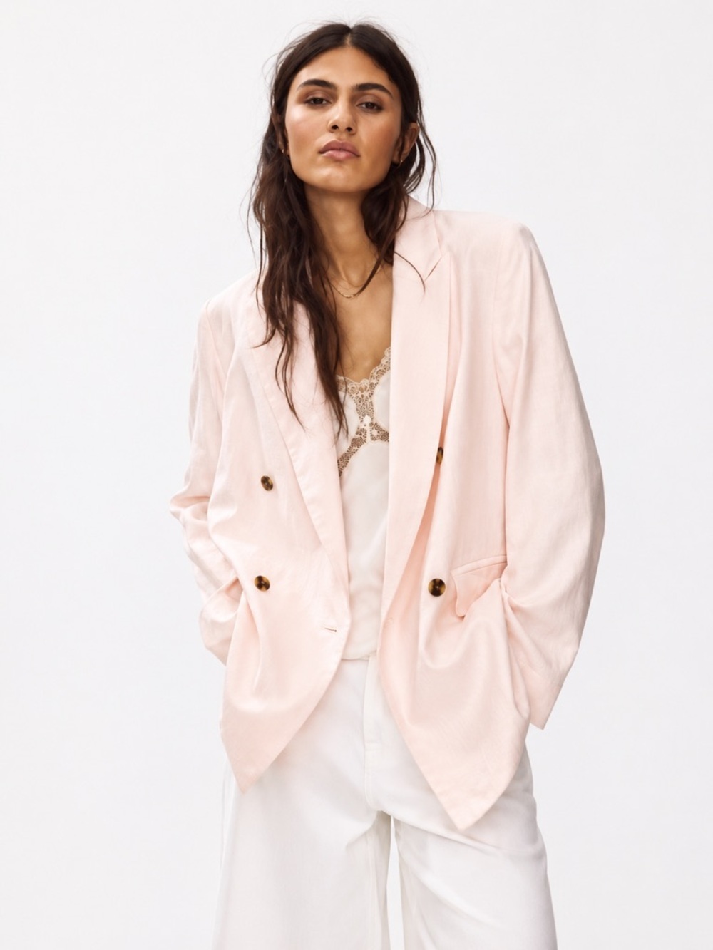 NEW Aqua Women’s Linen & Cotton Blend Double-Breasted Blazer Jacket, Ale Pink, L